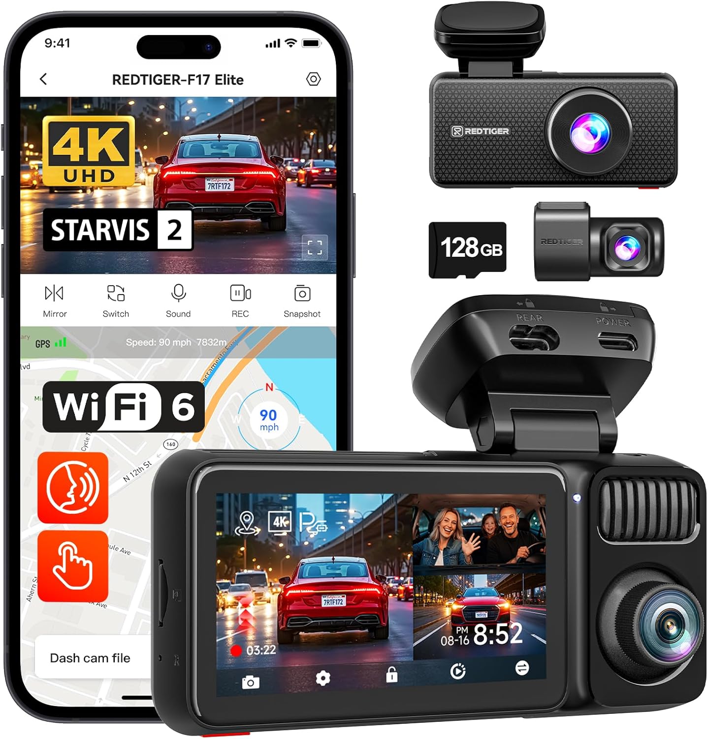 REDTIGER F17 Elite 4K 3 Channel Dash Cam